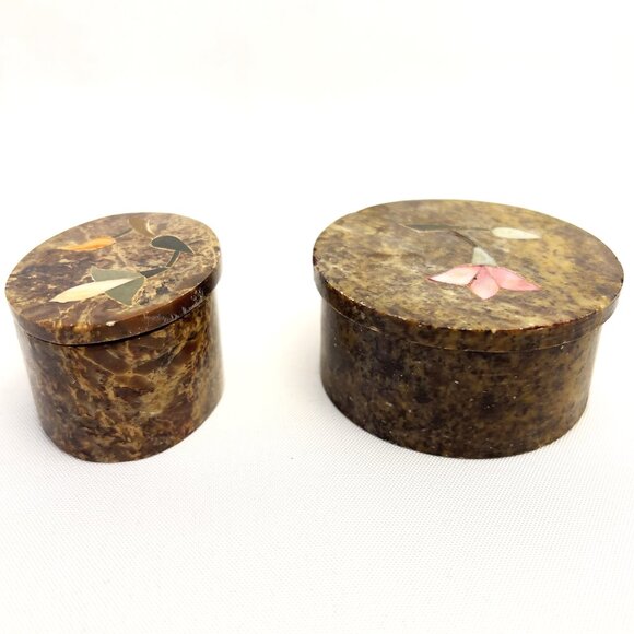 Soapstone Handcrafted Vintage Trinket Boxes Oval & Round Set Floral Inlay India - Picture 5 of 12